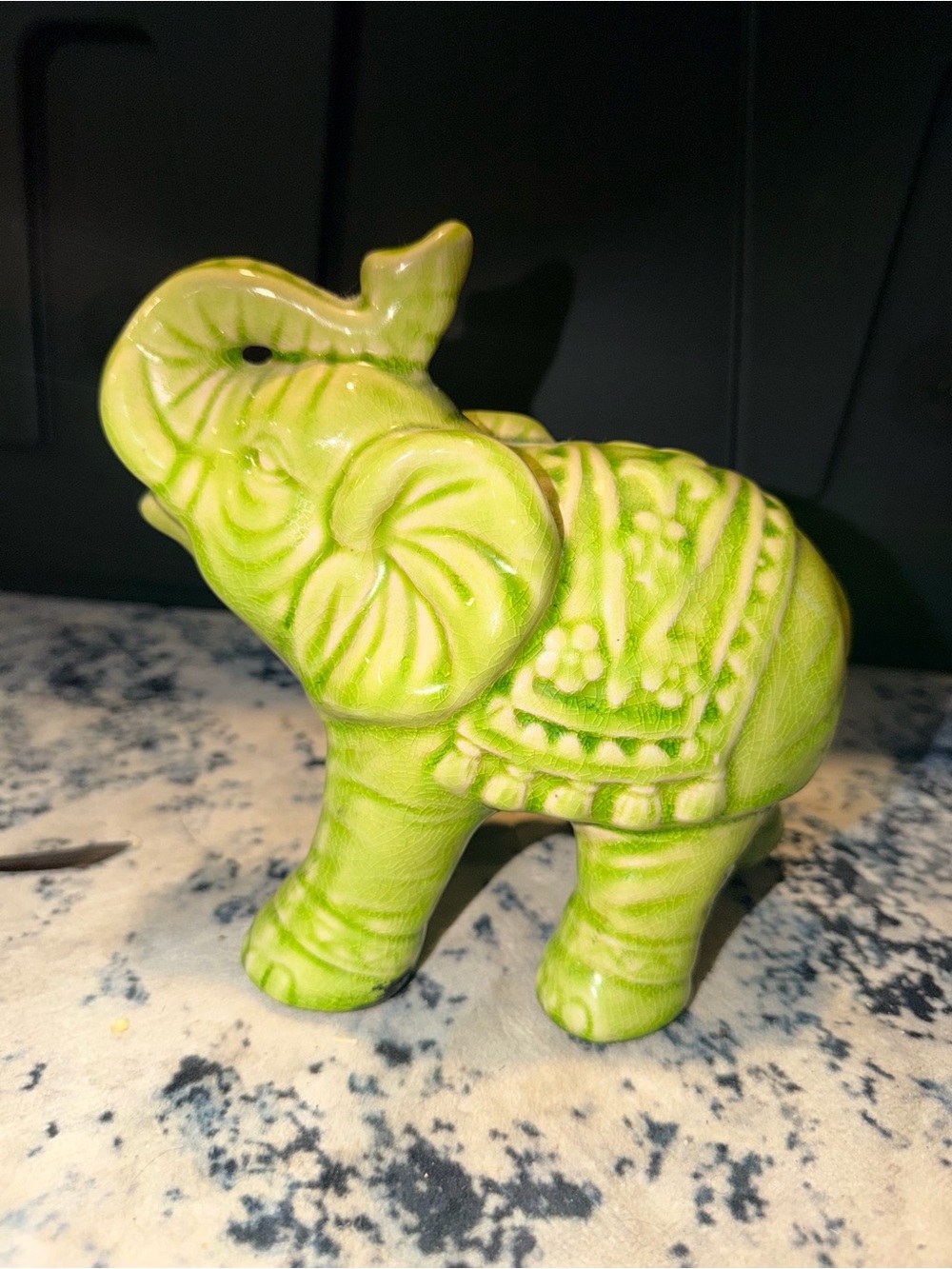 Green Ceramic Elephant Figurine Crackle Glaze Decorative Statue 7”